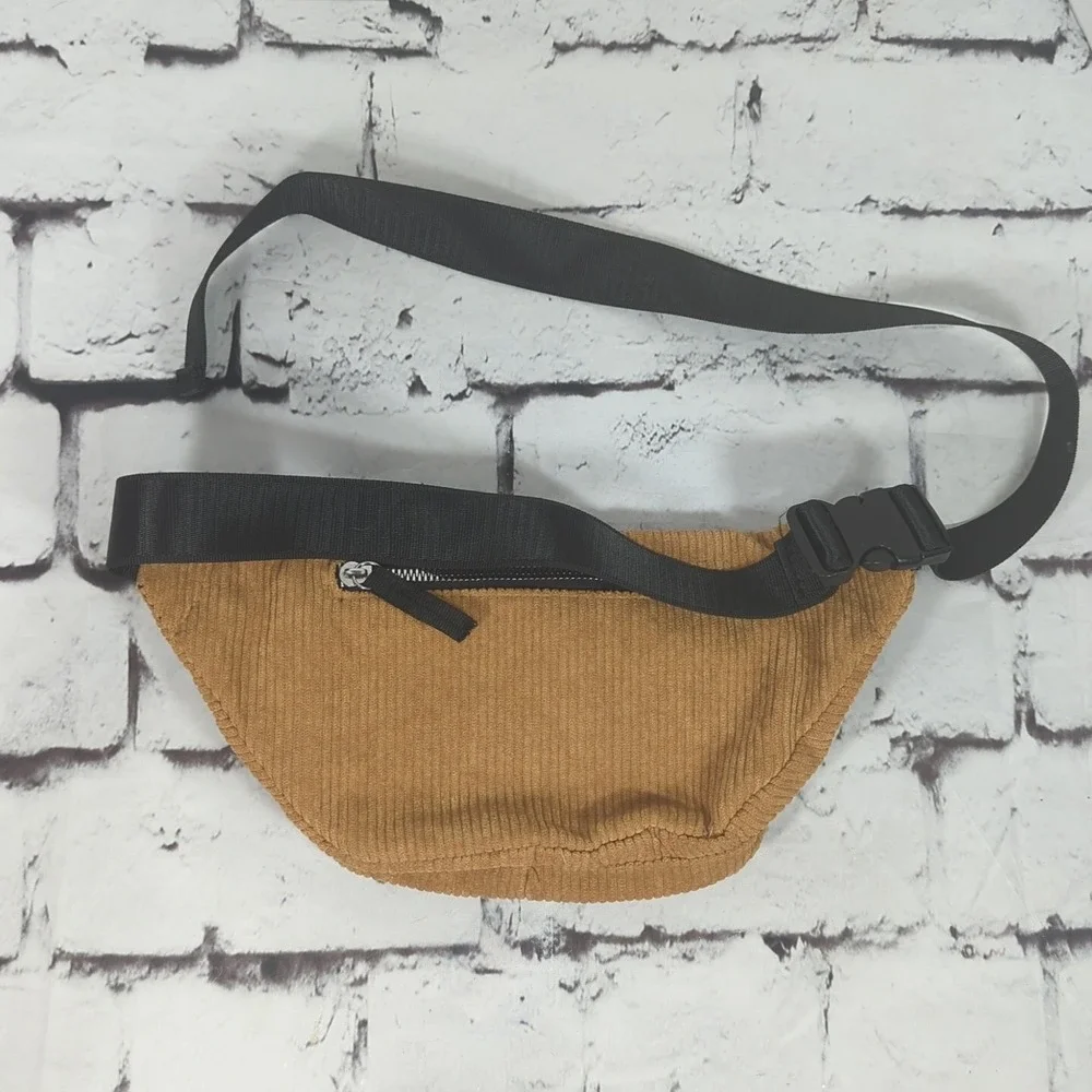 Waist Pouch Fanny Patch Zippered Corduroy Tan Mustard‎